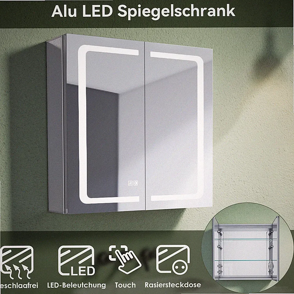 Spiegelschrank mit LED Beleuchtung Beschlagfrei Steckdose Touch Badschrank 65cm