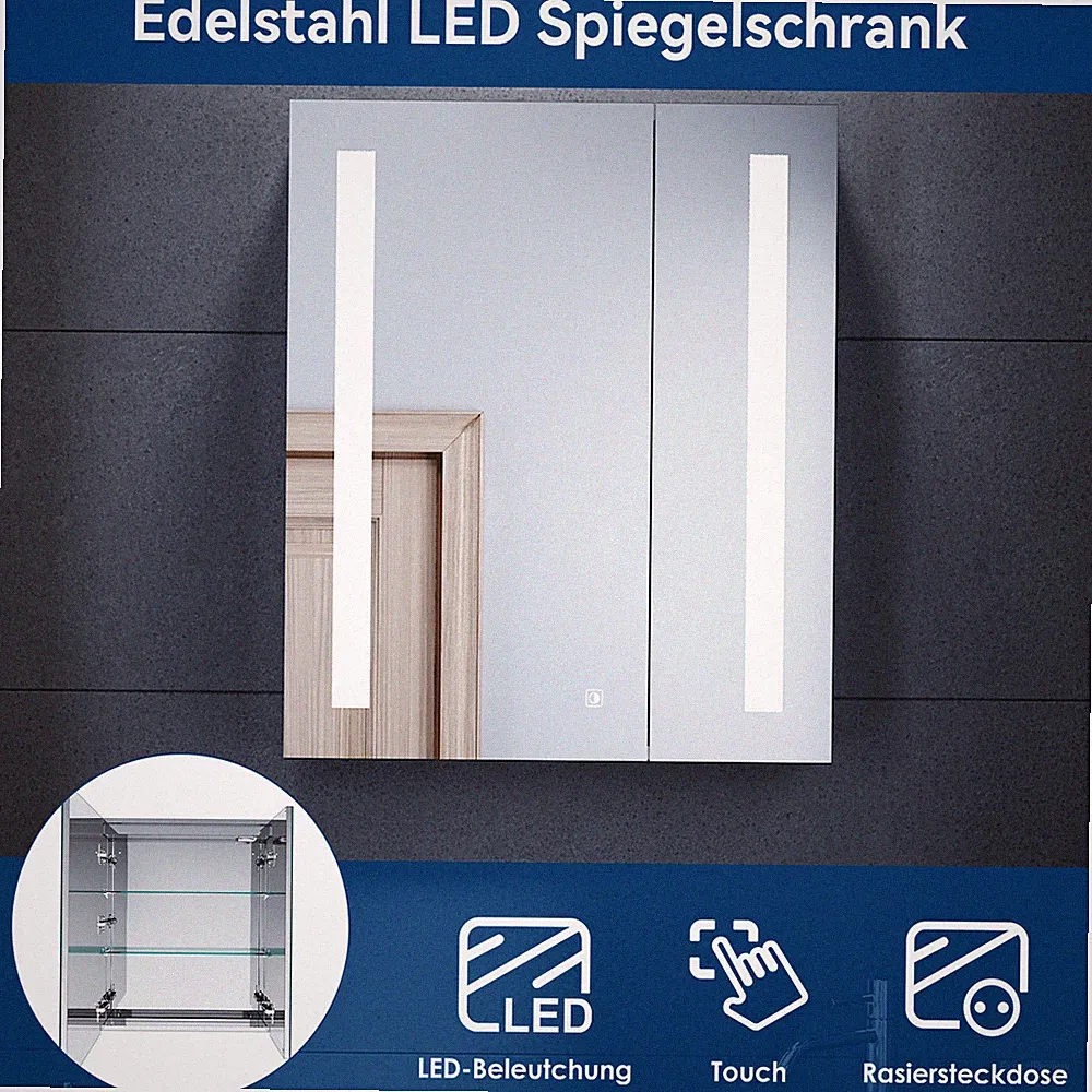 Spiegelschrank mit LED Beleuchtung Edelstahl Bad Steckdose Badschrank 2-türig 60