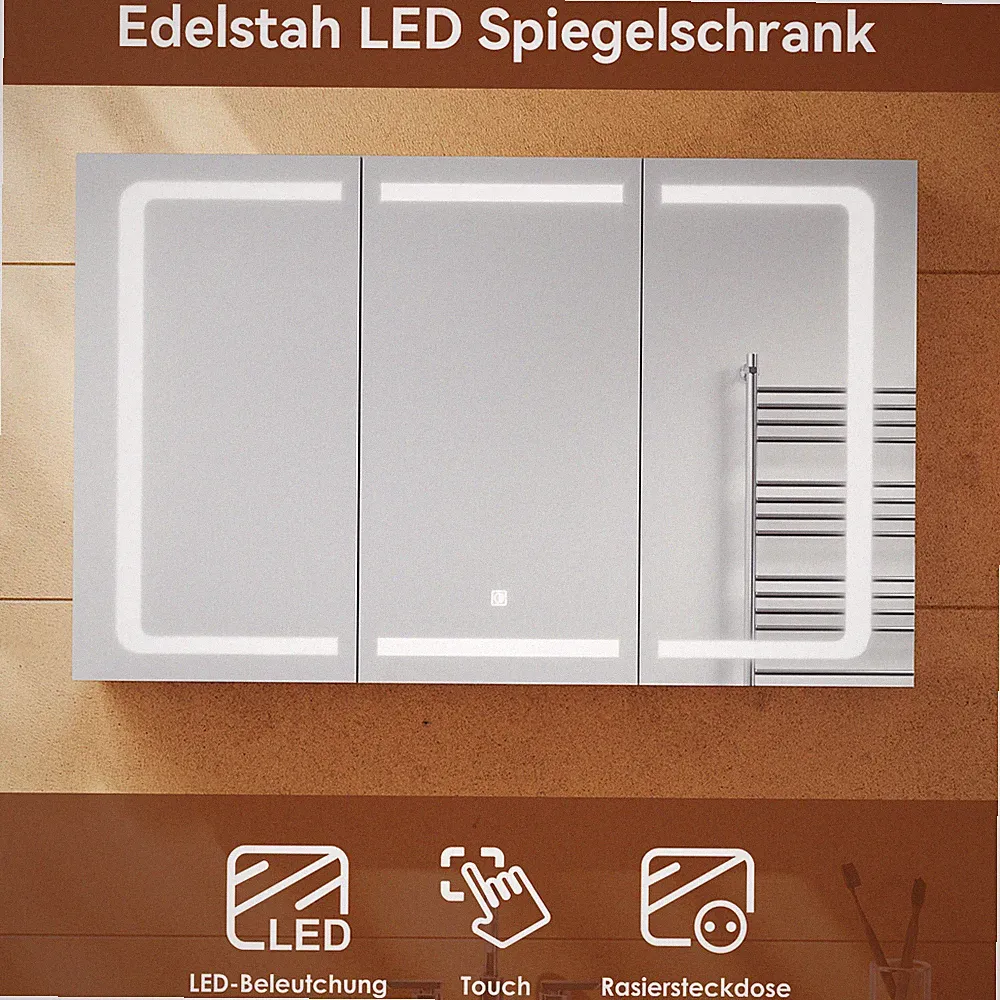 Spiegelschrank mit LED Beleuchtung Edelstahl Badspiegel Badschrank Steckdose 105