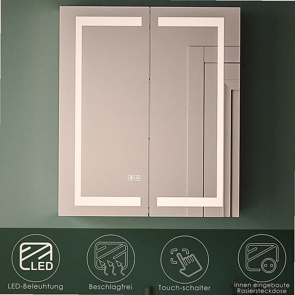 Spiegelschrank mit LED Beleuchtung Spiegel Steckdose Edelstahl Beschlagfrei 60cm