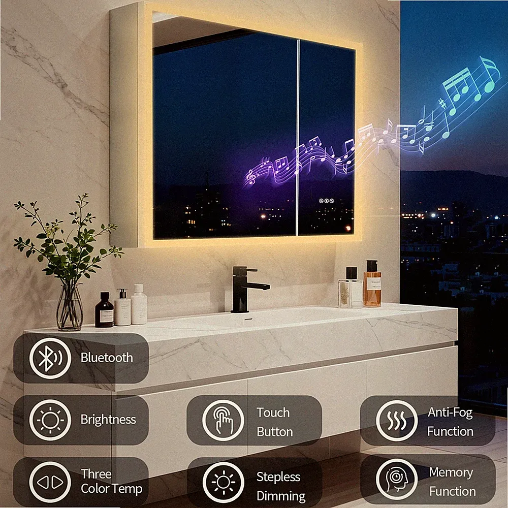 Spiegelschrank mit LED Beleuchtung Steckdose Badschrank Bluetooth Defog Touch