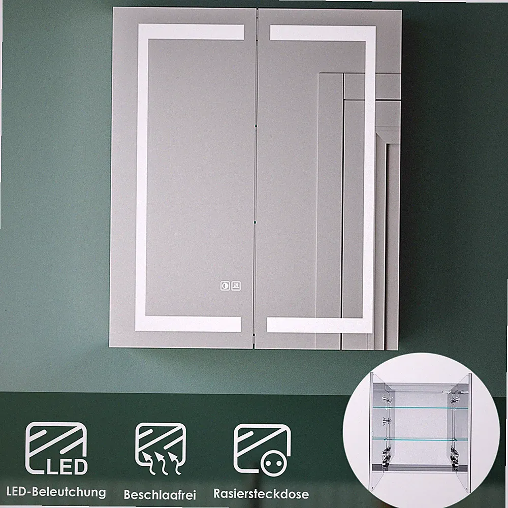 Spiegelschrank mit LED Beleuchtung Steckdose Beschlagfrei Edelstahl Spiegel 60cm