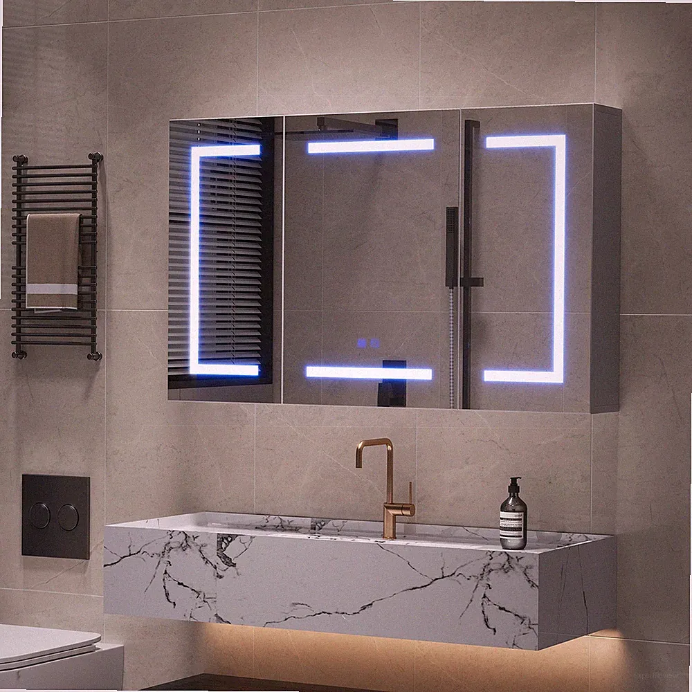 Spiegelschrank mit LED/Steckdose,3 HD-Spiegel Wandschrank Badezimmerschrank Weiß