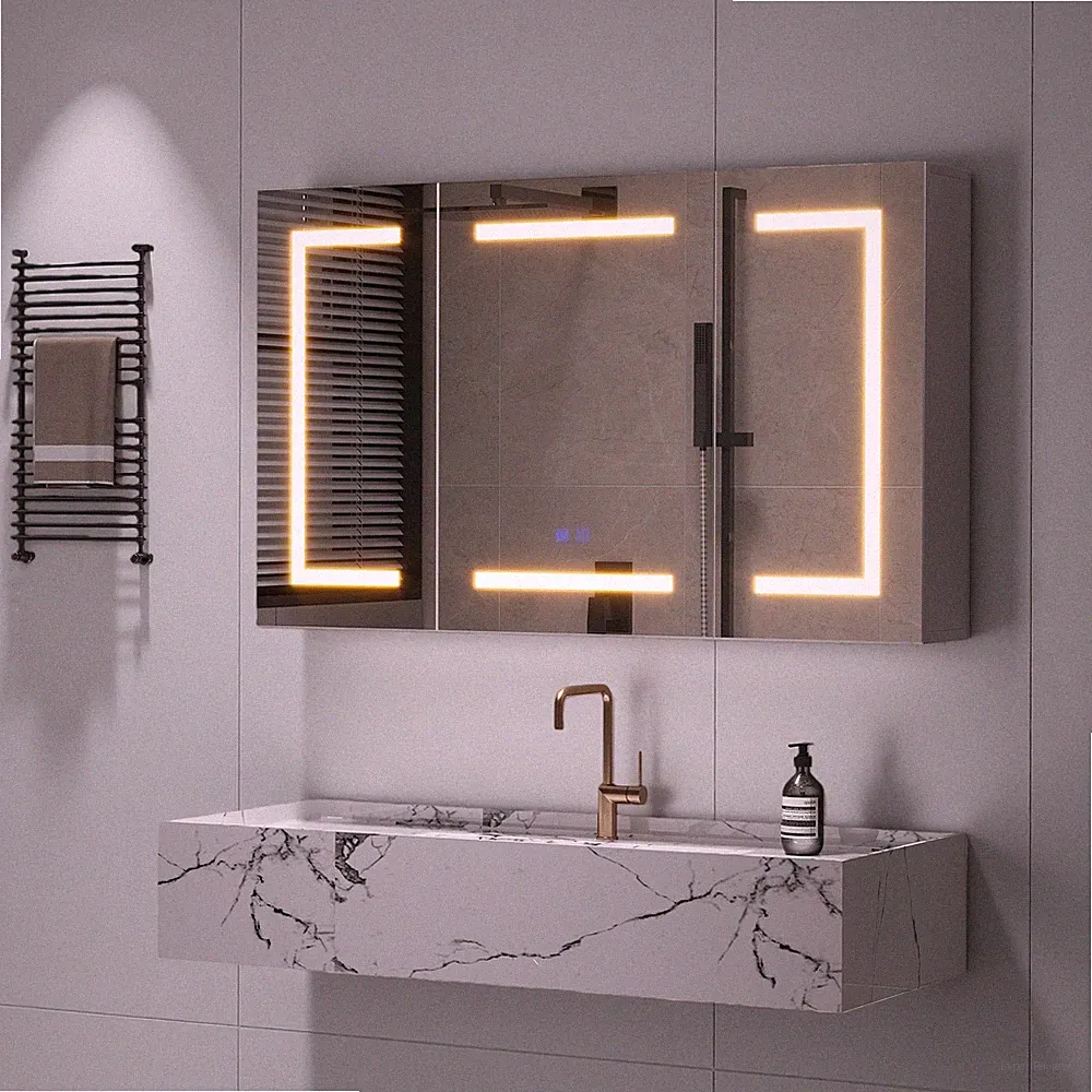 Spiegelschrank mit LED und Steckdose,Wandschrank Badezimmerschrank 100x60x13.5cm