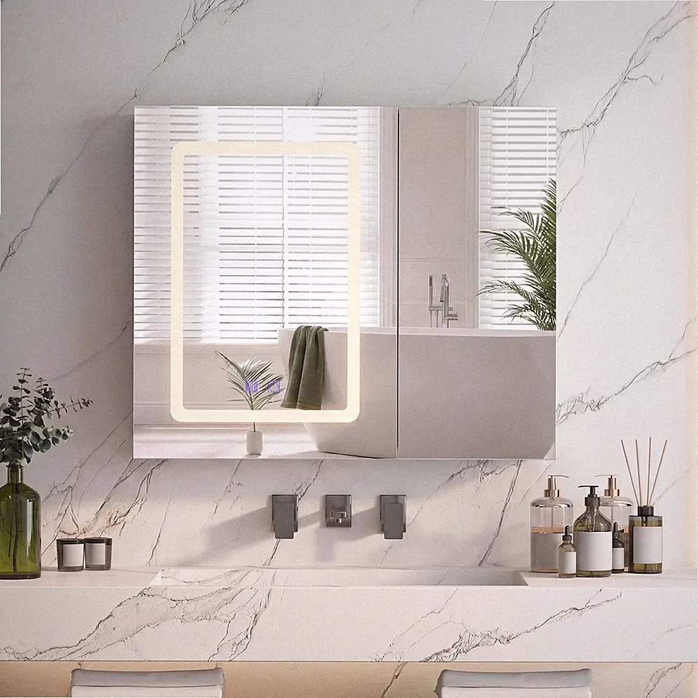 Spiegelschrank mit LED,verstellbaren Regalen Weiß Badezimmerschrank 70x60x13.5cm
