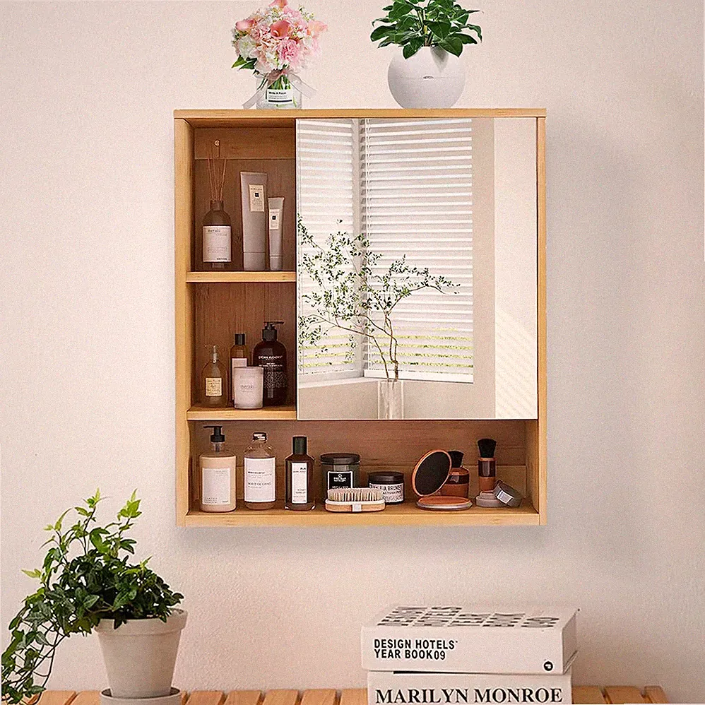 Spiegelschrank Spiegel Badezimmerschrank Wandschrank Schrank Bad Bambus 55x61cm