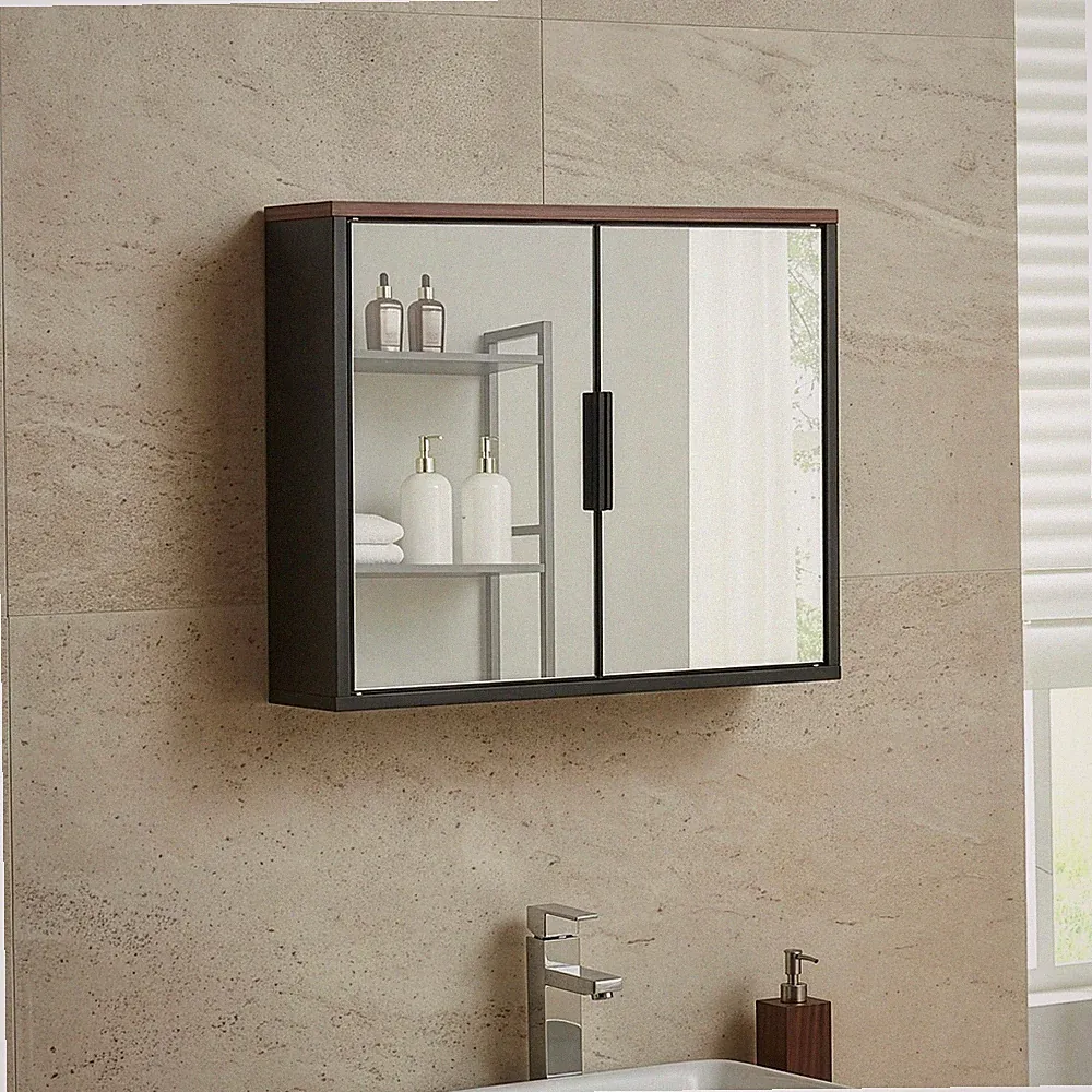 Spiegelschrank Trond 50x60x15 cm Schwarz/Walnussoptik [en.casa]