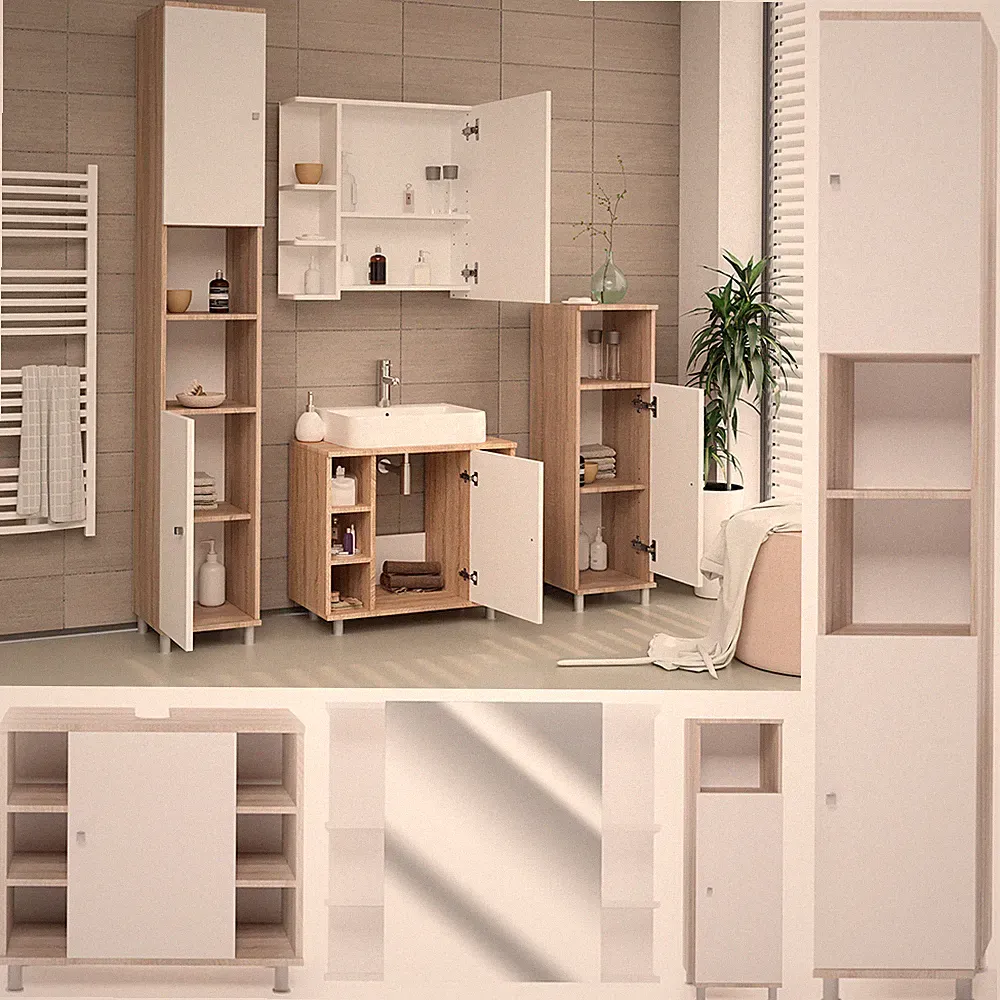Spiegelschrank Unterschrank Badschrank Badmöbel Set Fynn Eiche Sonoma Vicco