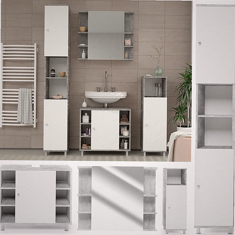 Spiegelschrank Unterschrank Badschrank Badmöbel Set Fynn Grau Beton Vicco