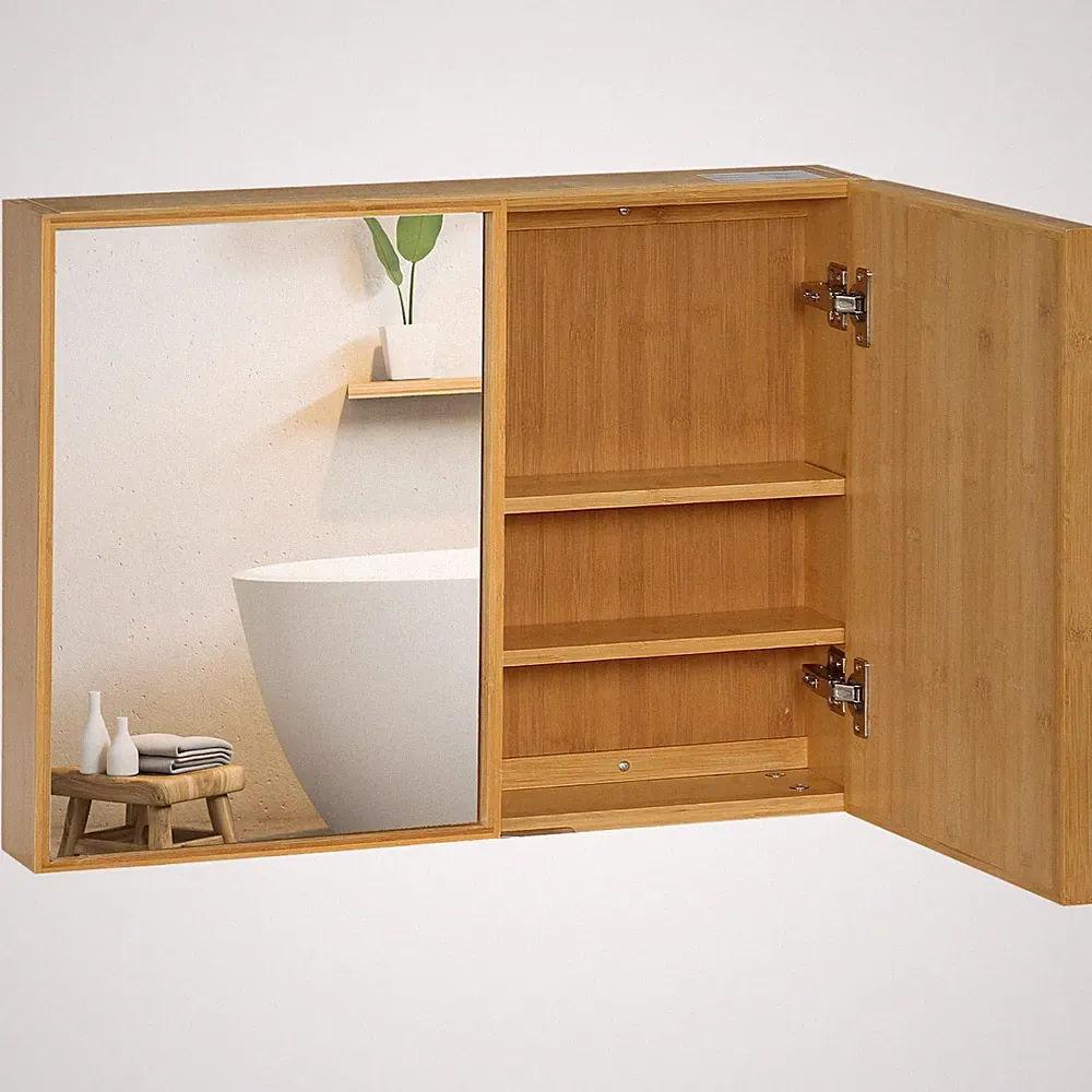 Spiegelschrank, Wandschrank mit 3 Innenböden, Badspiegelschrank aus Bambus