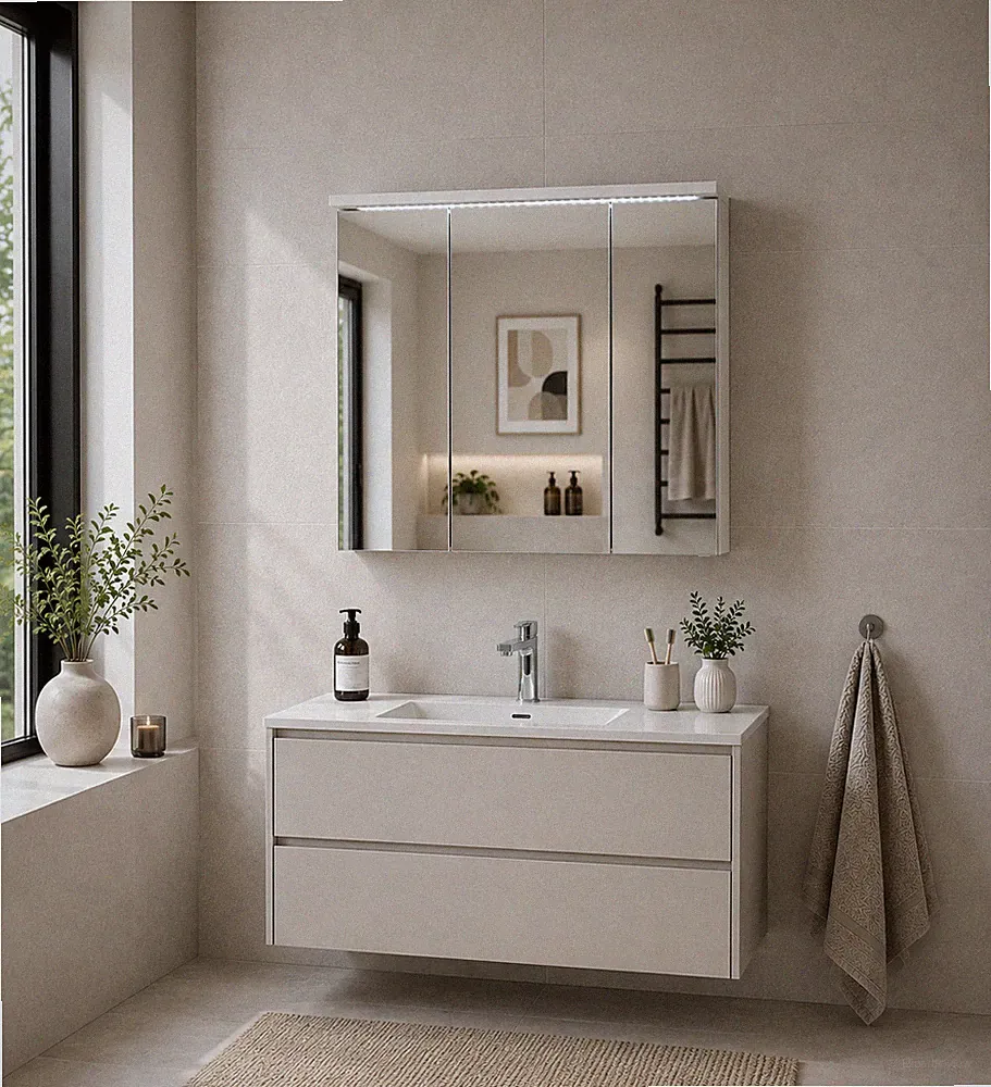SPLASH Spiegelschrank Bad mit LED-Beleuchtung Weiß Hochglanz - Badezimmerspiegel