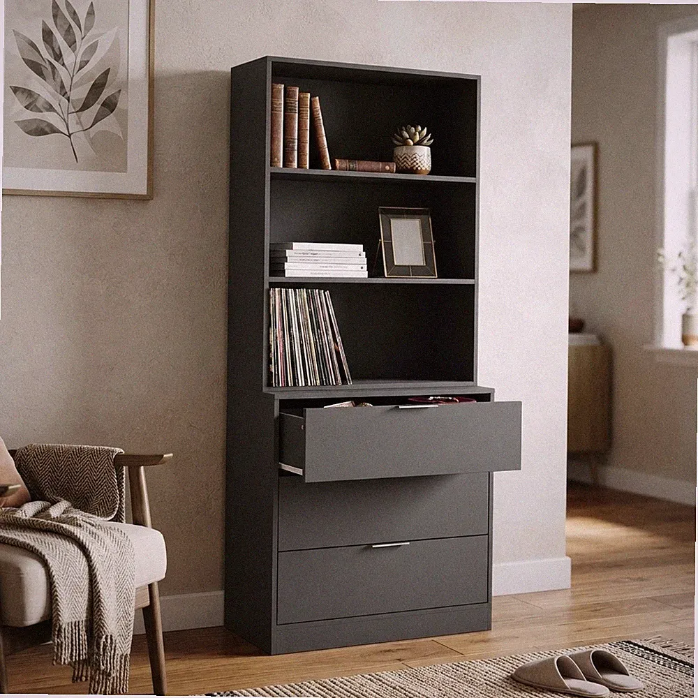 Stilvolles 60 cm schwarzes Bücherregal mit 3 Ablagen und Schubladen Aufbewahrungslösungen