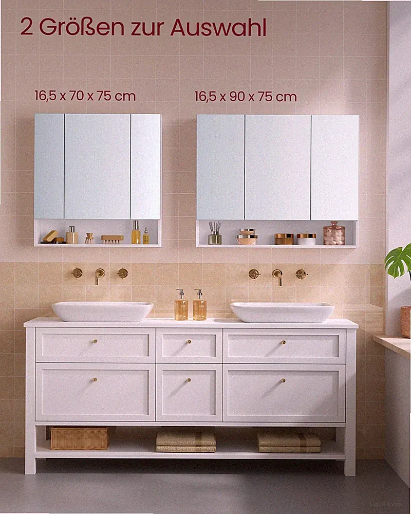 VASAGLE Badezimmerschrank mit 3 Türen Spiegelschrank Badschrank offenes Fach