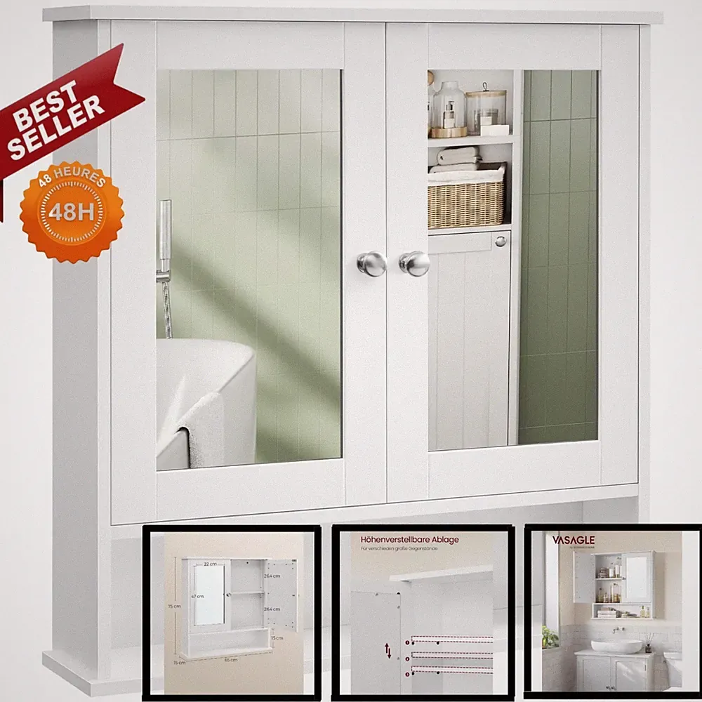 VASAGLE Spiegelschrank mit 2 Spiegeltüren, Wandmontage, 15 x 65 x 75 cm, Weiß