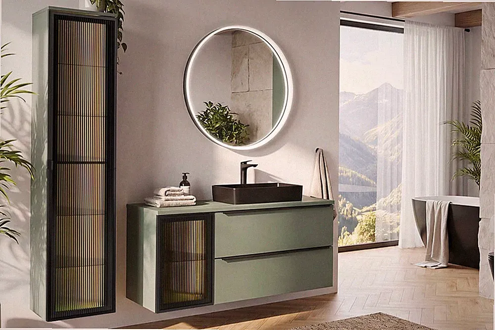VERDANO Badmöbel-Set 3-teilig 120cm | Salbeigrün + Becken | Rauchglas | VERDANO