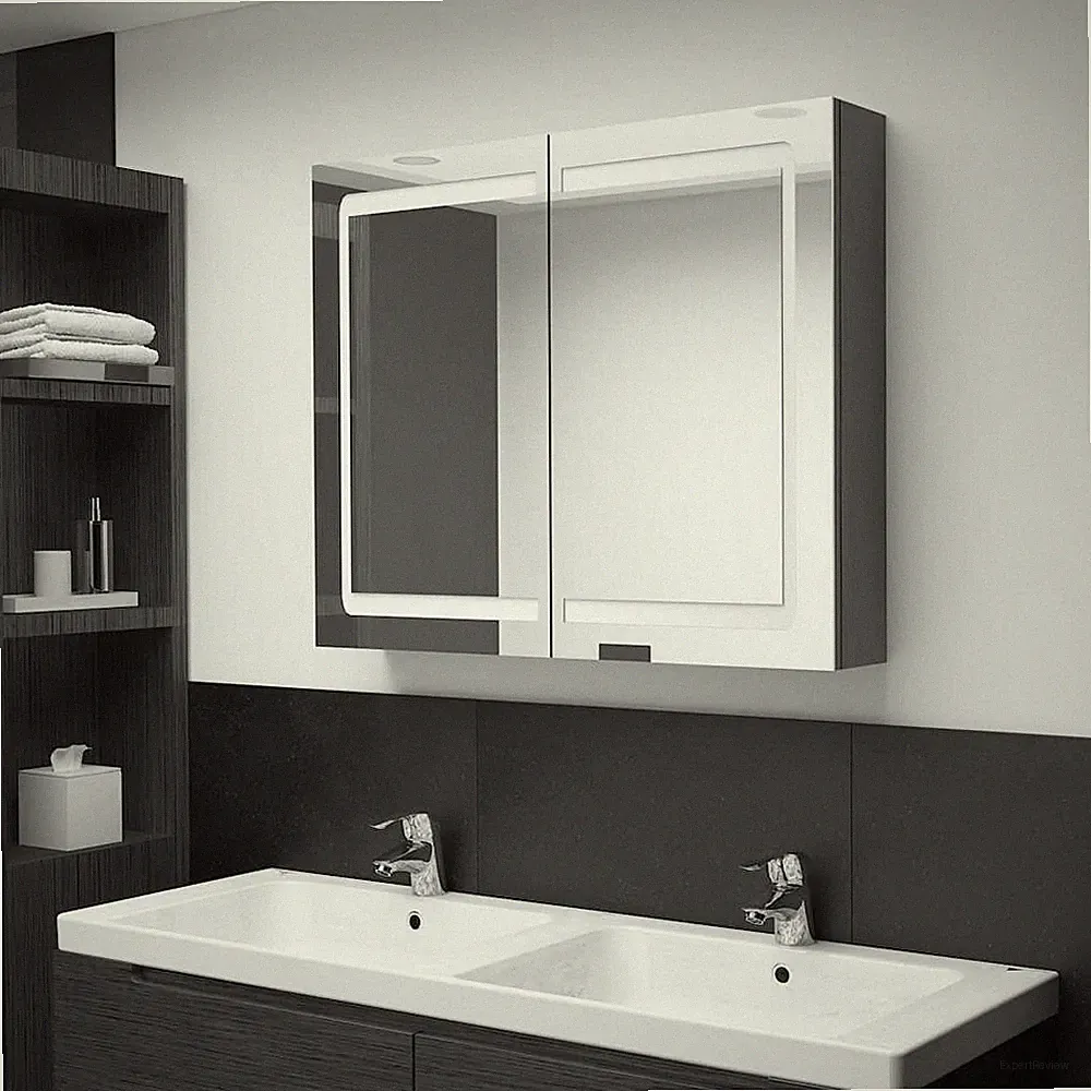 vidaXL Badezimmerschrank mit Spiegel und LED-Beleuchtung, Grau, 80 x 12 x 68 cm