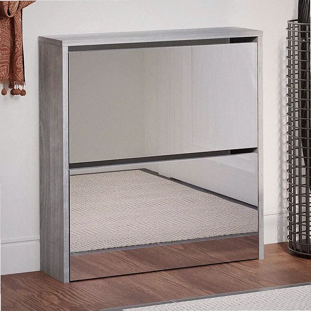 VidaXL Schuhschrank Mit Spiegel 2 Fächer Grau Sonoma 63x17x67 Cm