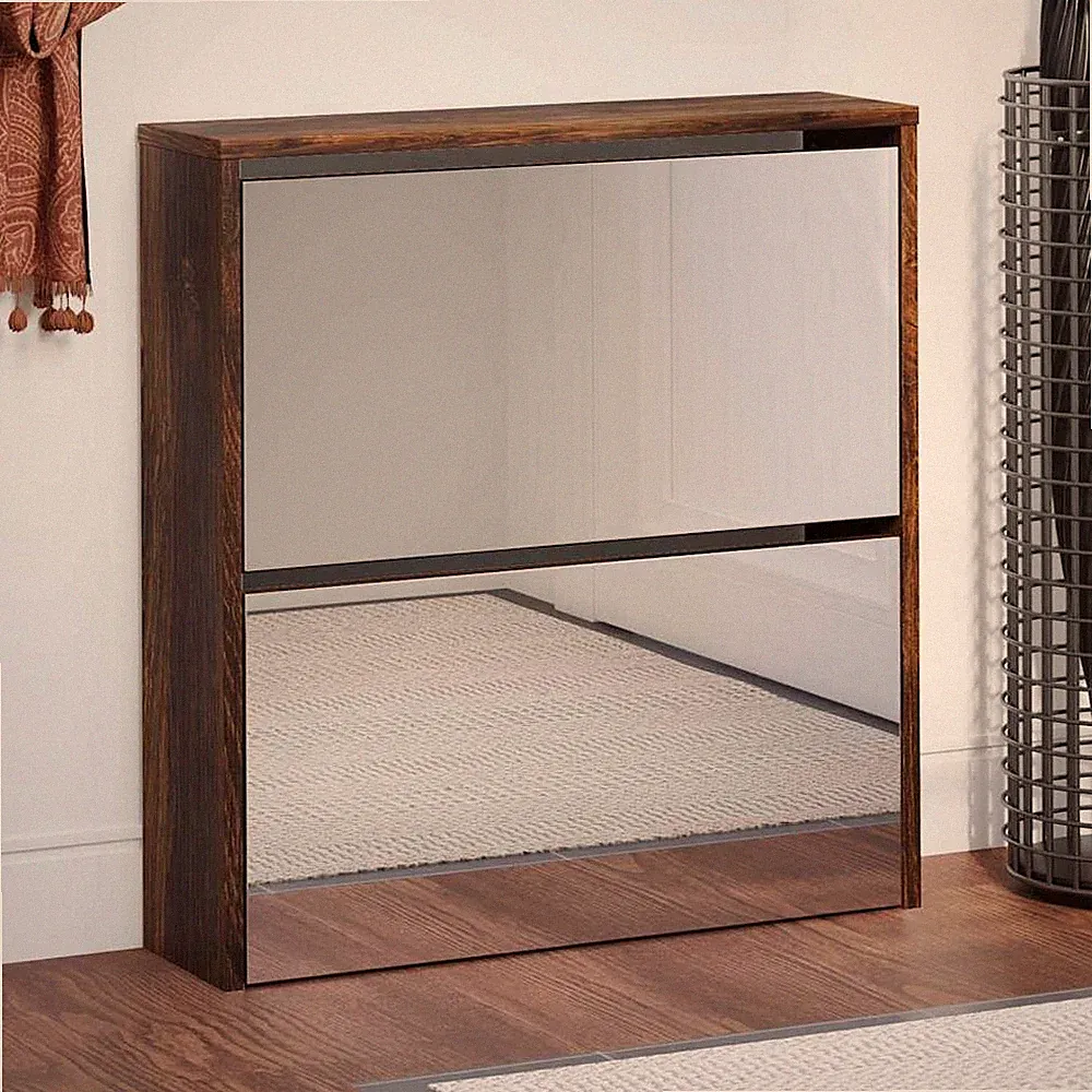 VidaXL Schuhschrank Mit Spiegel 2 Fächer Räuchereiche 63x17x67 Cm