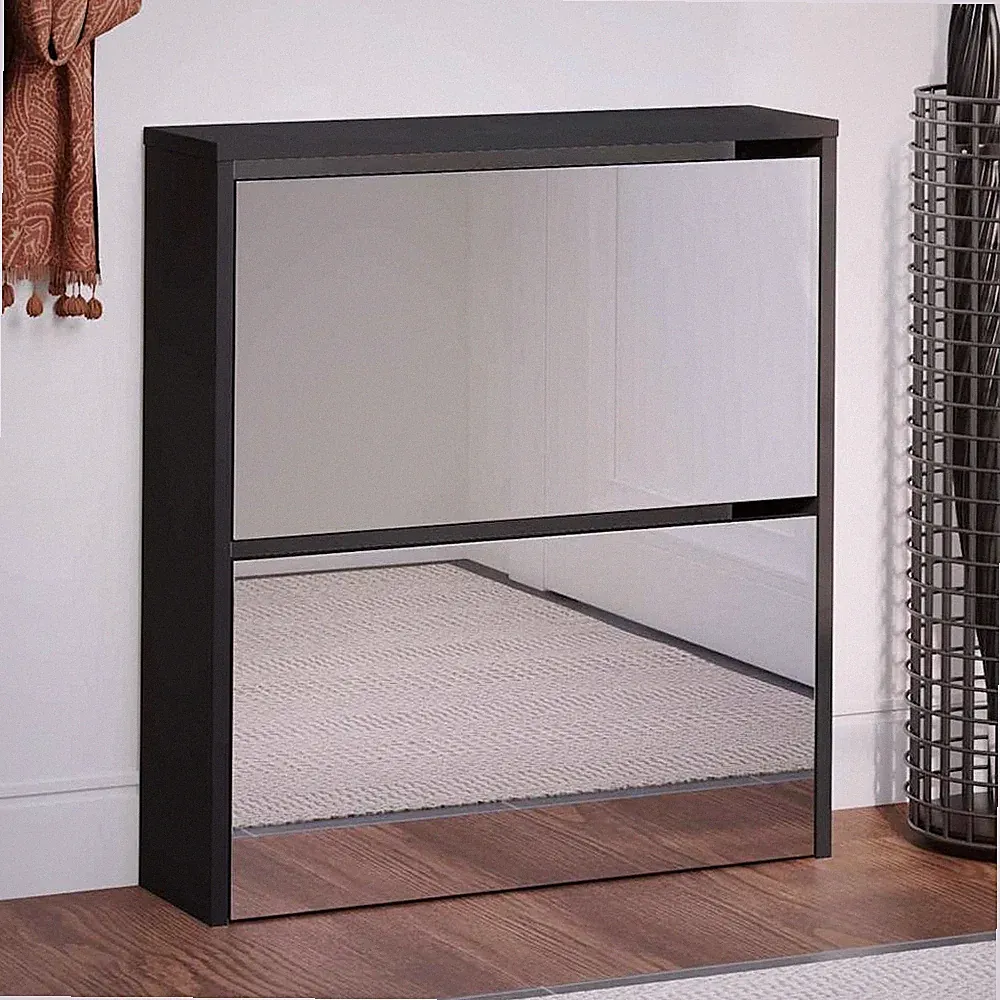 VidaXL Schuhschrank Mit Spiegel 2 Fächer Schwarz 63x17x67 Cm