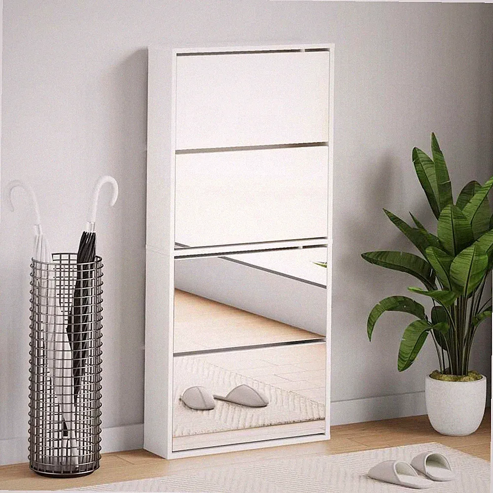 VidaXL Schuhschrank Mit Spiegel 4 Fächer Hochglanz-Weiß 63x17x134 Cm