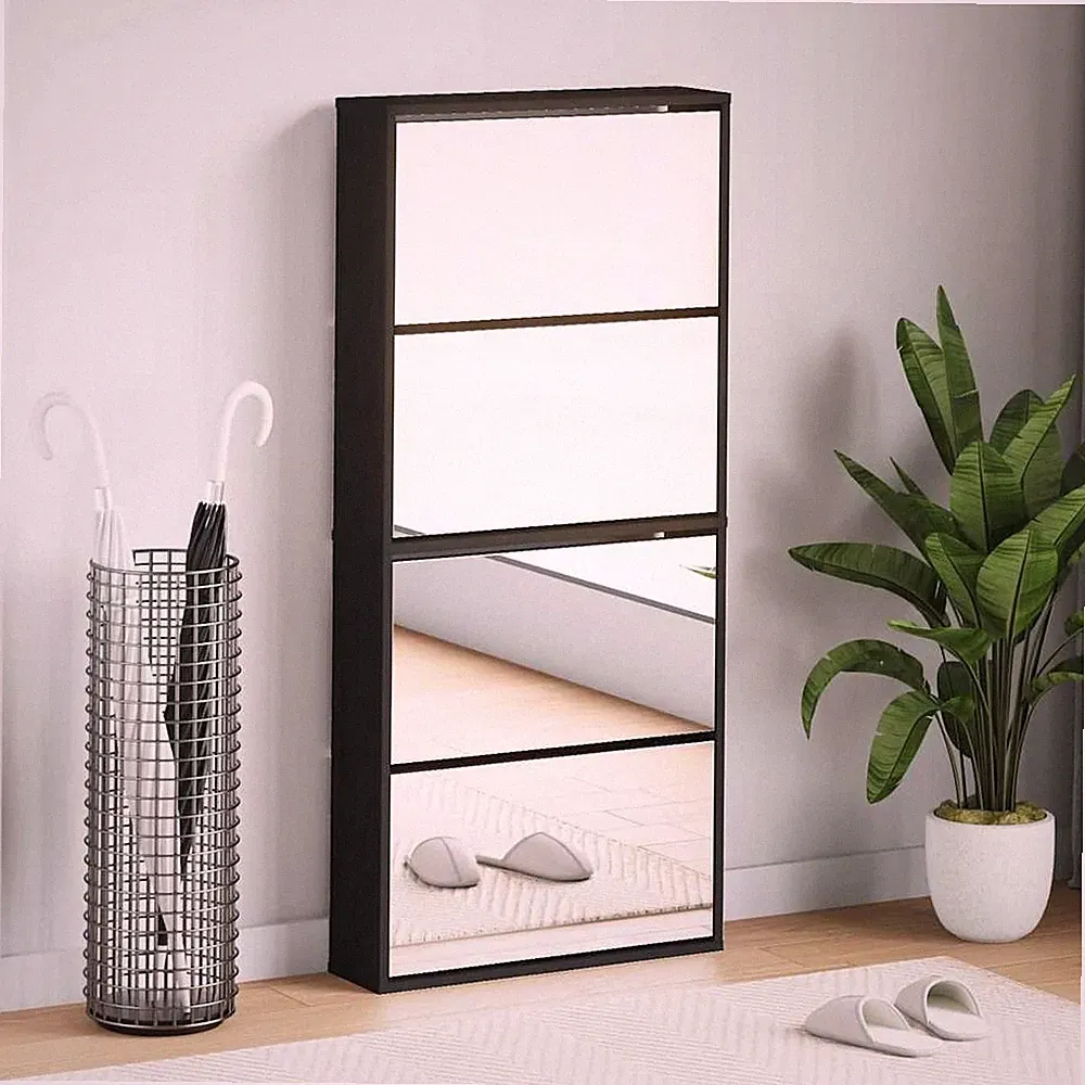 VidaXL Schuhschrank Mit Spiegel 4 Fächer Schwarz 63x17x134 Cm