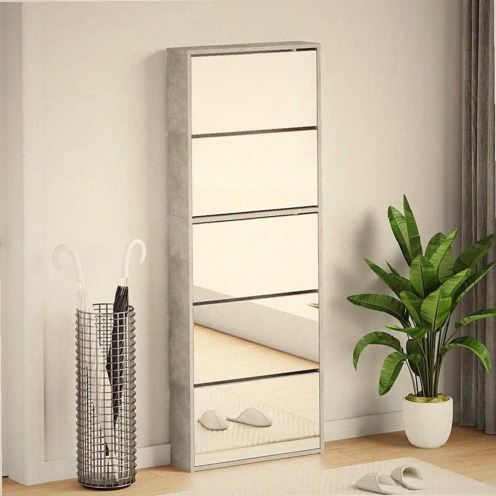 VidaXL Schuhschrank Mit Spiegel 5 Fächer Betongrau 63x17x169.5 Cm