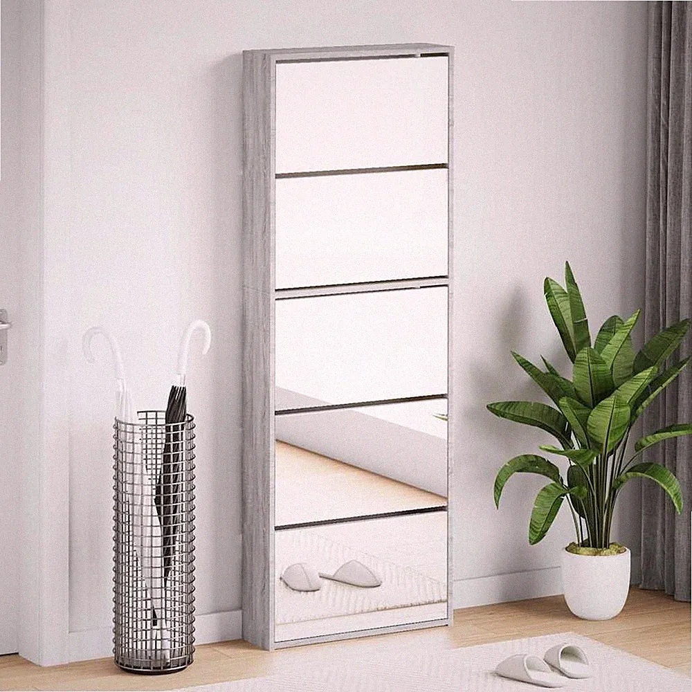 VidaXL Schuhschrank Mit Spiegel 5 Fächer Grau Sonoma 63x17x169.5 Cm