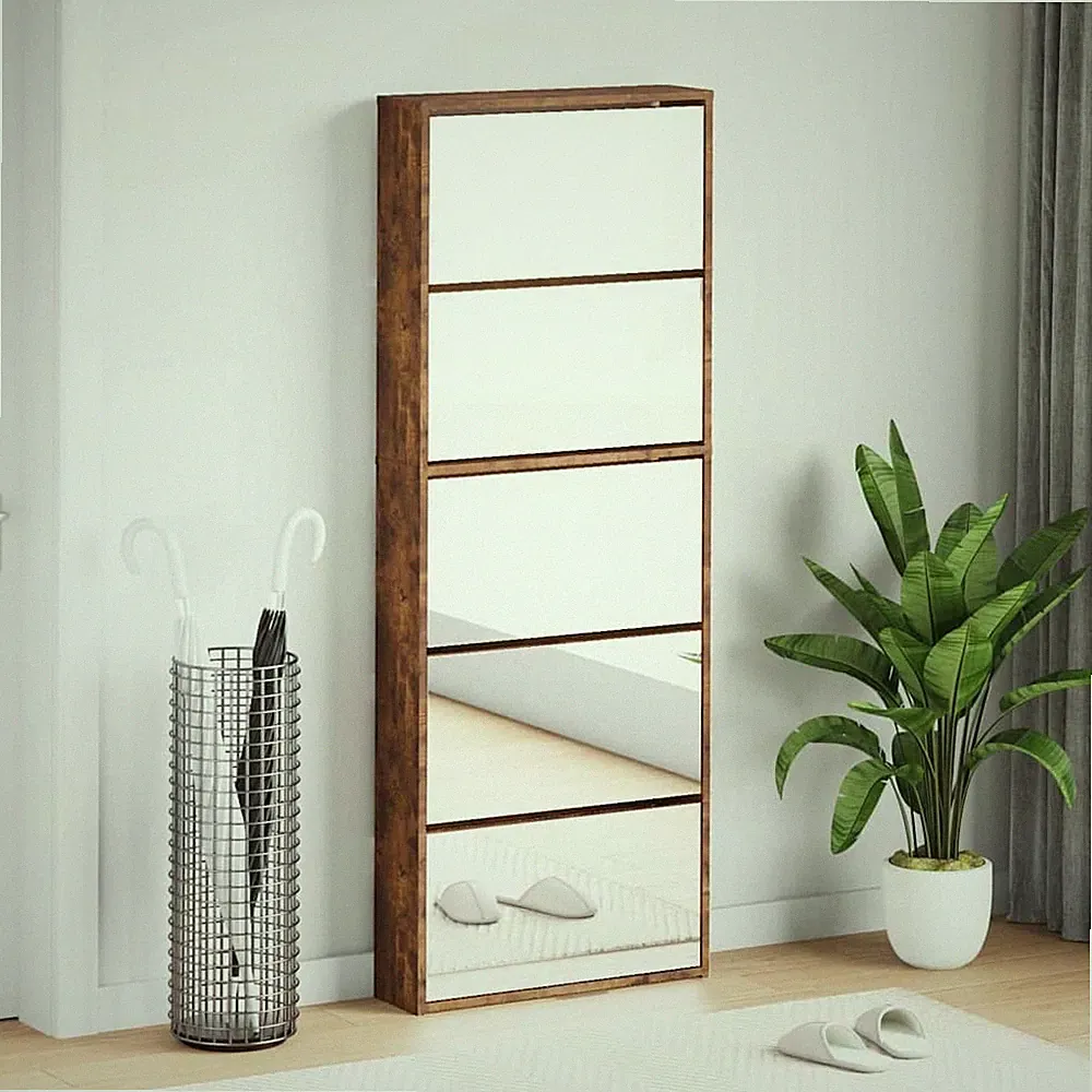 VidaXL Schuhschrank Mit Spiegel 5 Fächer Räuchereiche 63x17x169.5 Cm