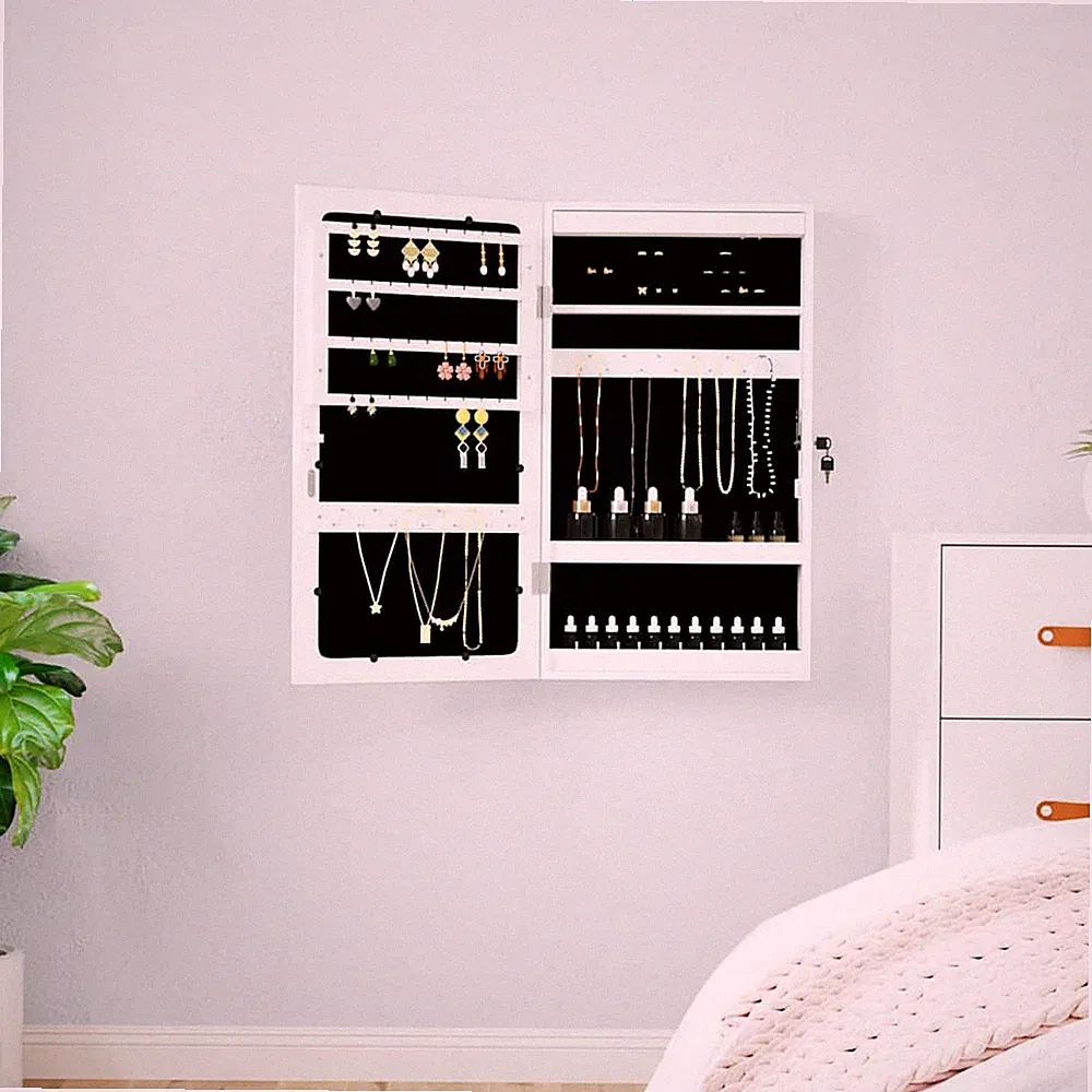 vidaXL Wand-Schmuckschrank mit Spiegel und LED-Beleuchtung, Weiß