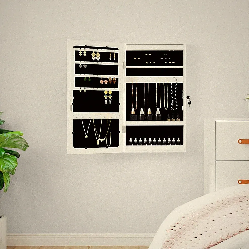 vidaXL Wand-Schmuckschrank mit Spiegel und LED-Beleuchtung, Weiß