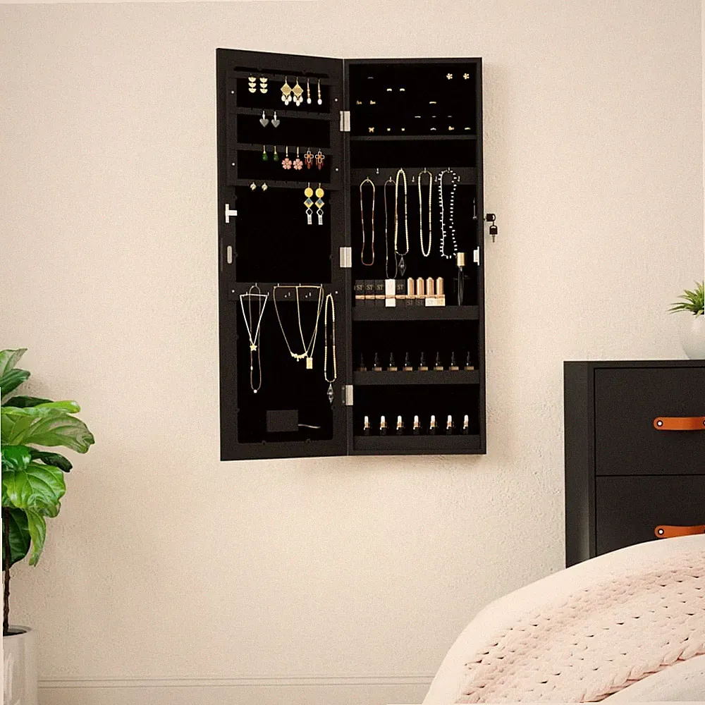 vidaXL Wandmontierter Schmuckschrank mit Spiegel und LED-Beleuchtung, Schwarz