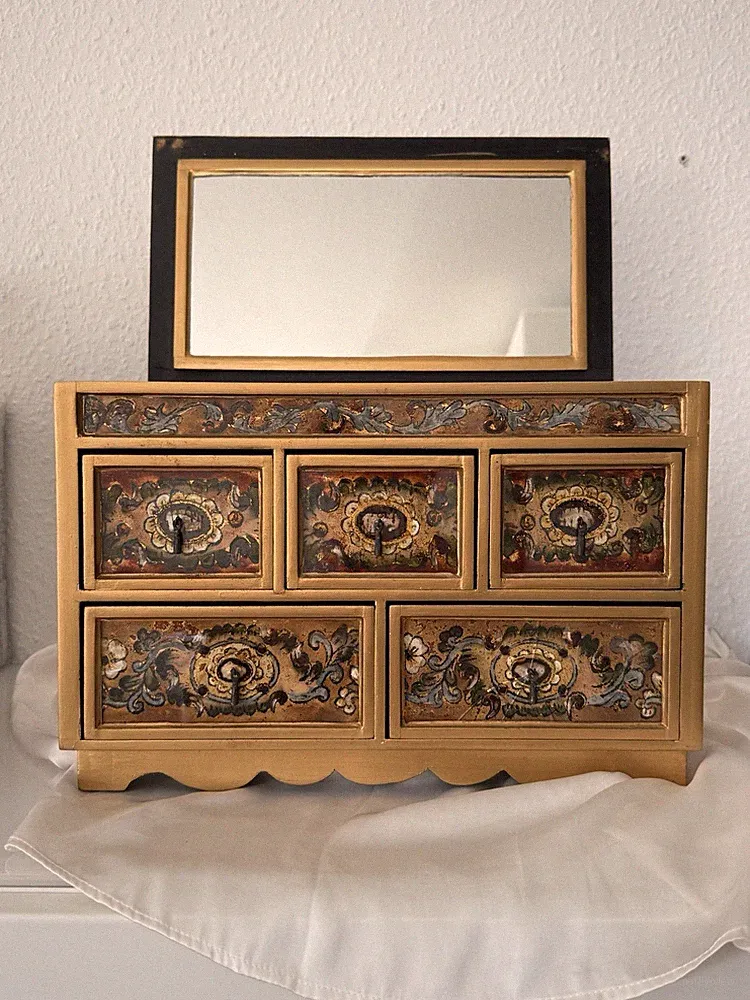 Vintage Schmuckschrank Holz lackiert mit 5 Schubladen, bemalt, Spiegel