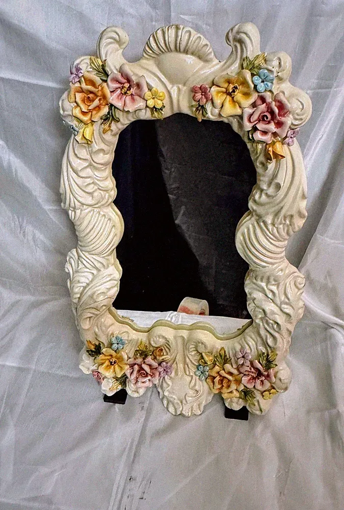 Vintage Wandspiegel Keramik Floral Relief Barock Stil Deko