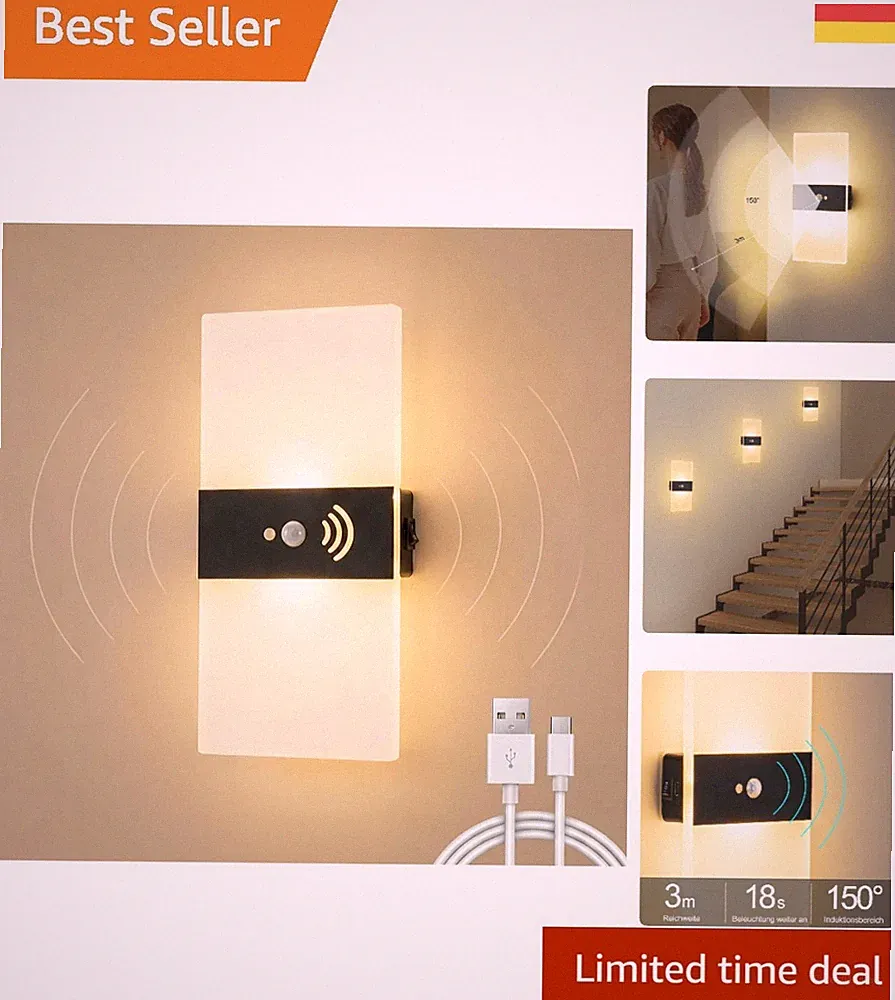 Wandleuchte mit Akku und Bewegungssensor – Warmweißes Licht für jeden Innenraum