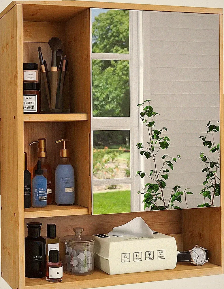 Wandmontierter Bambus Badezimmerschrank mit Spiegel - Platzsparend und Elegant