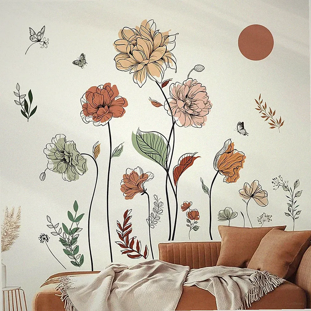 Wandtattoo Boho Blumen Bunte Retro Pflanzen Wandsticker für Wohnzimmer