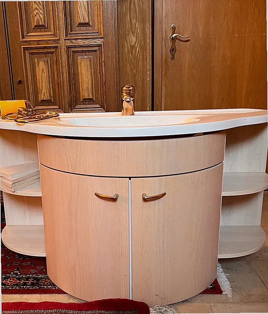 Waschbecken/Spiegelschrank Holz beige, beides in 122 cm Breite