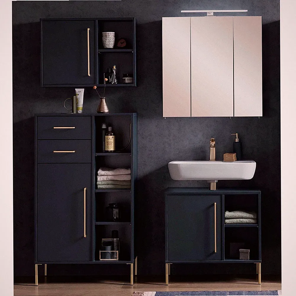 Waschplatz Set beleuchtet inkl. Highboard und Hängeschrank in nachtblau
