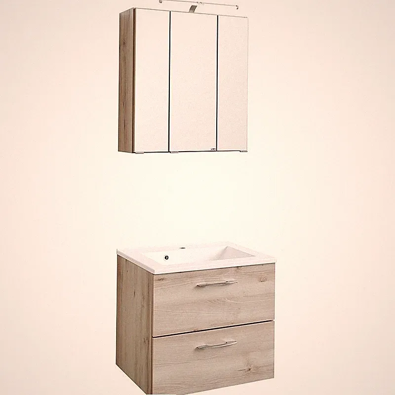 Waschtisch & LED Spiegelschrank Badmöbel Set Buche Nb. Badzimmer Gäste WC Bad