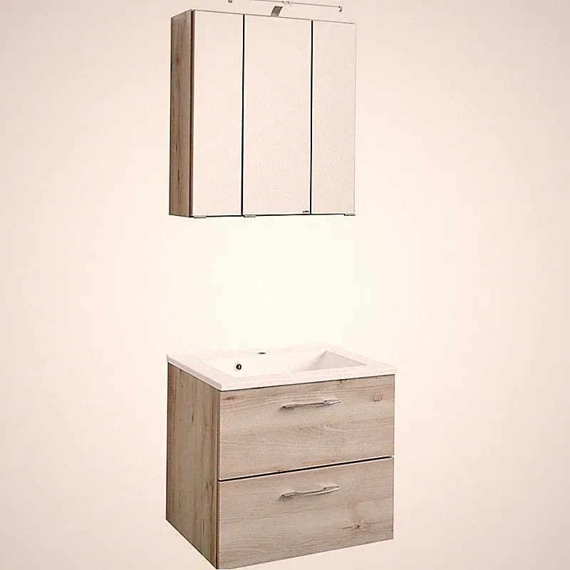 Waschtisch & LED Spiegelschrank Badmöbel Set Buche Nb. Badzimmer Gäste WC Bad