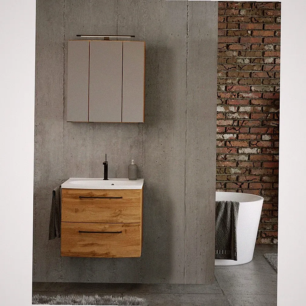 Waschtisch mit Spiegelschrank 60 cm breit, in Wotan Eiche Nb. inkl. Waschbecken