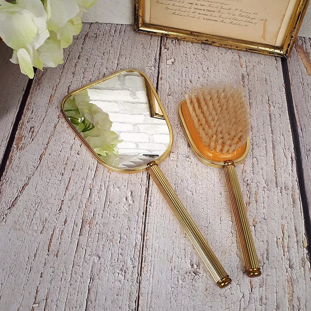 Waschtisch Set 2-teilig Metall vergoldet Handspiegel & Pinsel Stickerei Blumen