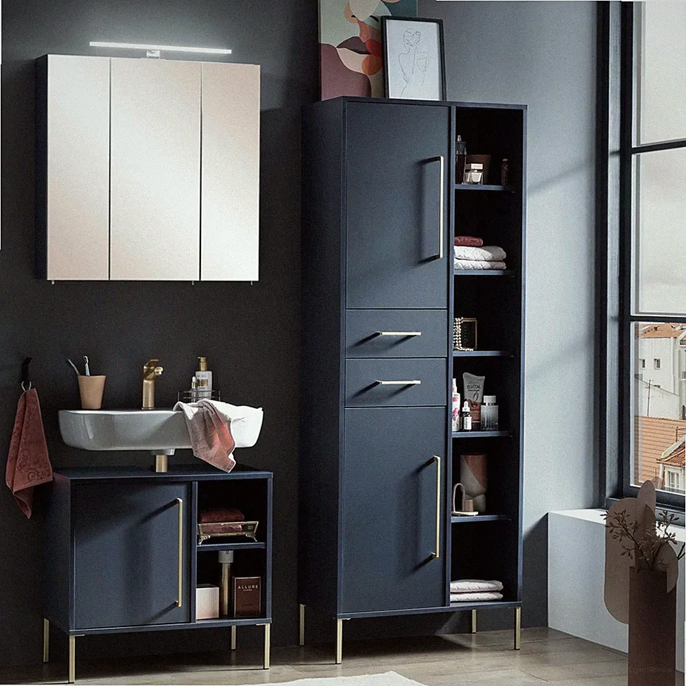 Waschtisch Set mit Beleuchtung inkl. Hochschrank 3-teilig in nachtblau, B/H/T: c