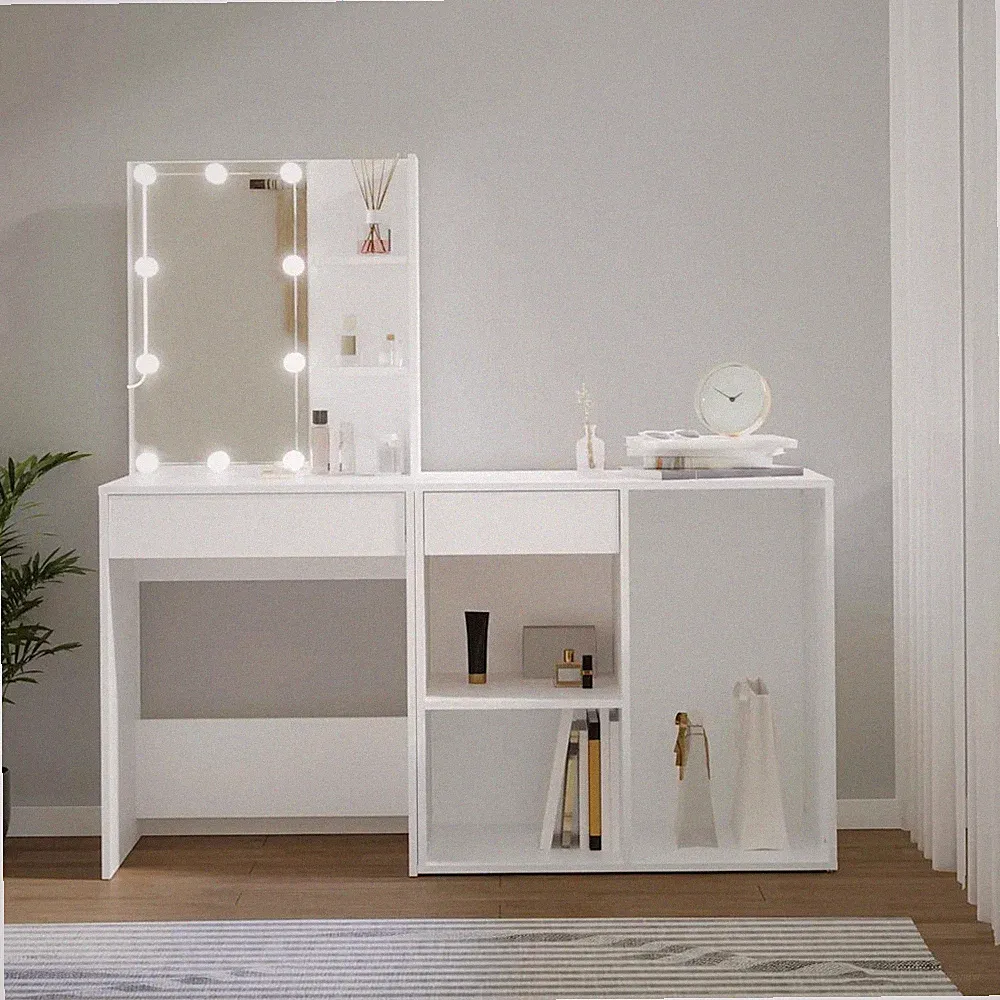 Weißer LED-Schminktisch mit Schrank Holzwerkstoff Kosmetiktisch Make-up Tisch