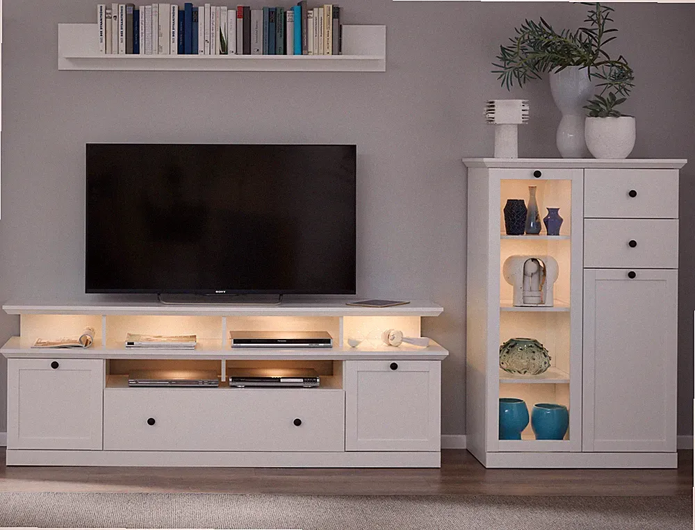 Wohnwand Schrankwand in weiß Wohnzimmer Landhaus Lowboard Highboard Regal Baxter