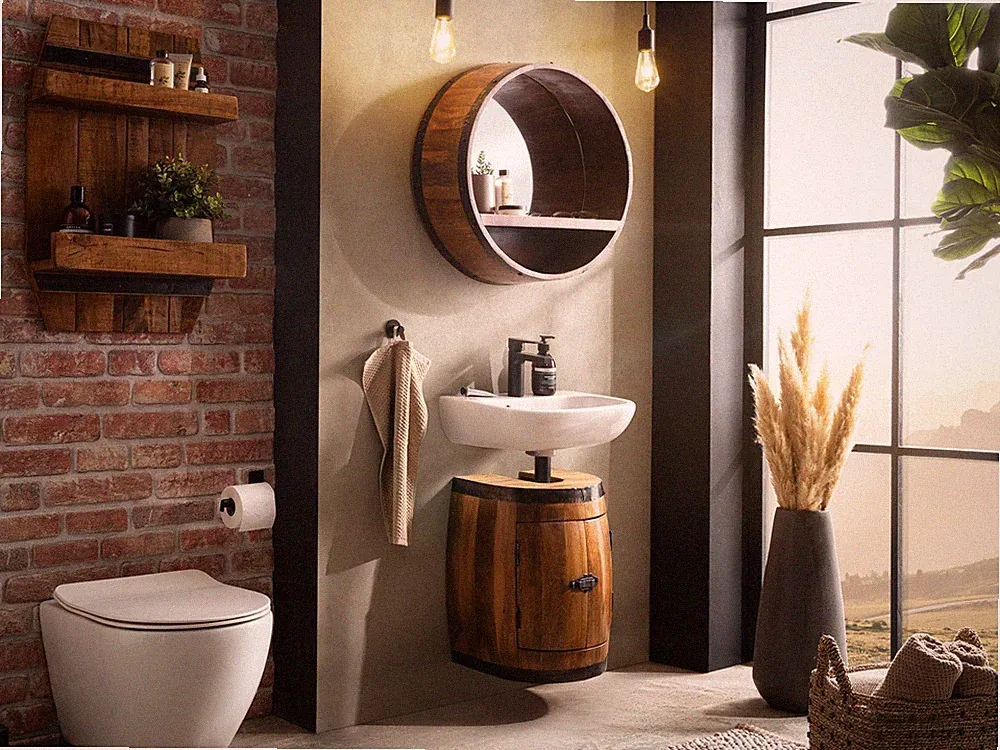 Woodkings Badmöbel Set Barrel 3-tlg Fassdesign Schrank Spiegel Wandregal Unikat