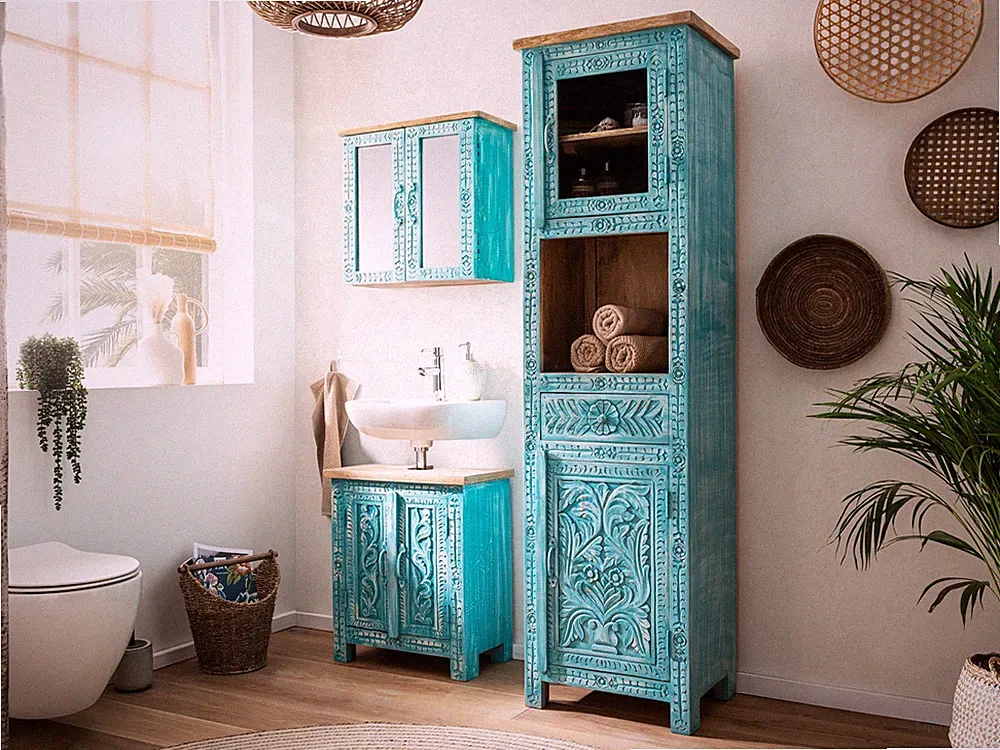 Woodkings Badmöbel Set Santa Cruz blau 3-teilig Badschränke Landhausstil