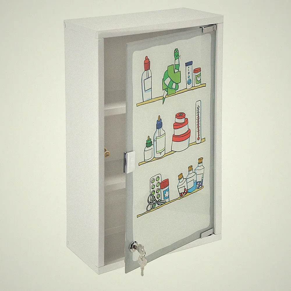 XXL Medizin Schrank Milchglas Tür bunt - 50cm - Arznei Erste Hilfe Hausapotheke